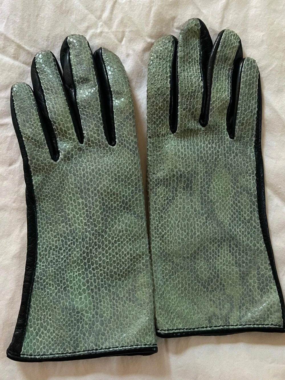 Blue and Black Leather Gloves with Textured Snakeskin front